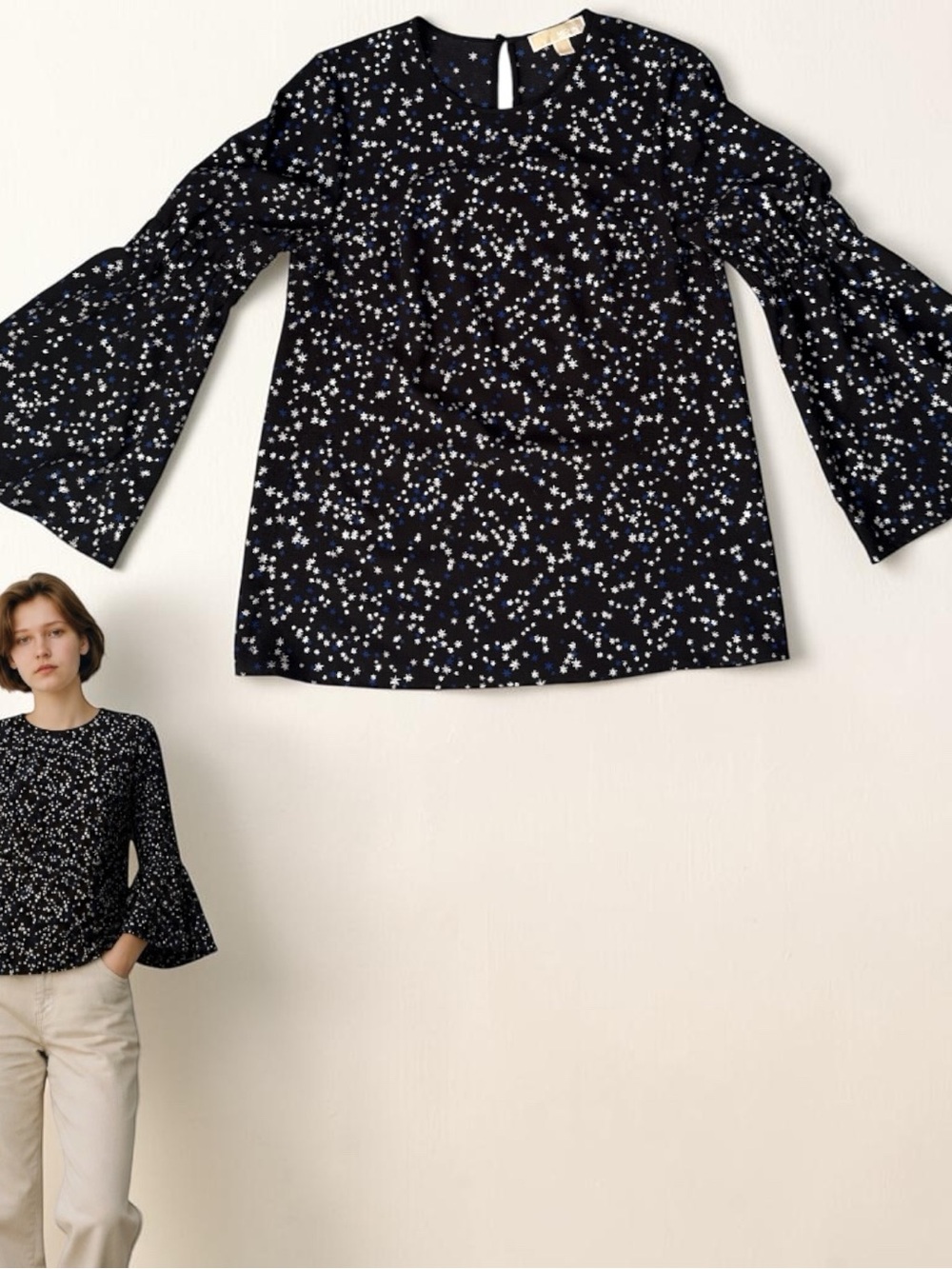 Michael Kors Navy Star-Print Bell-Sleeve Blouse